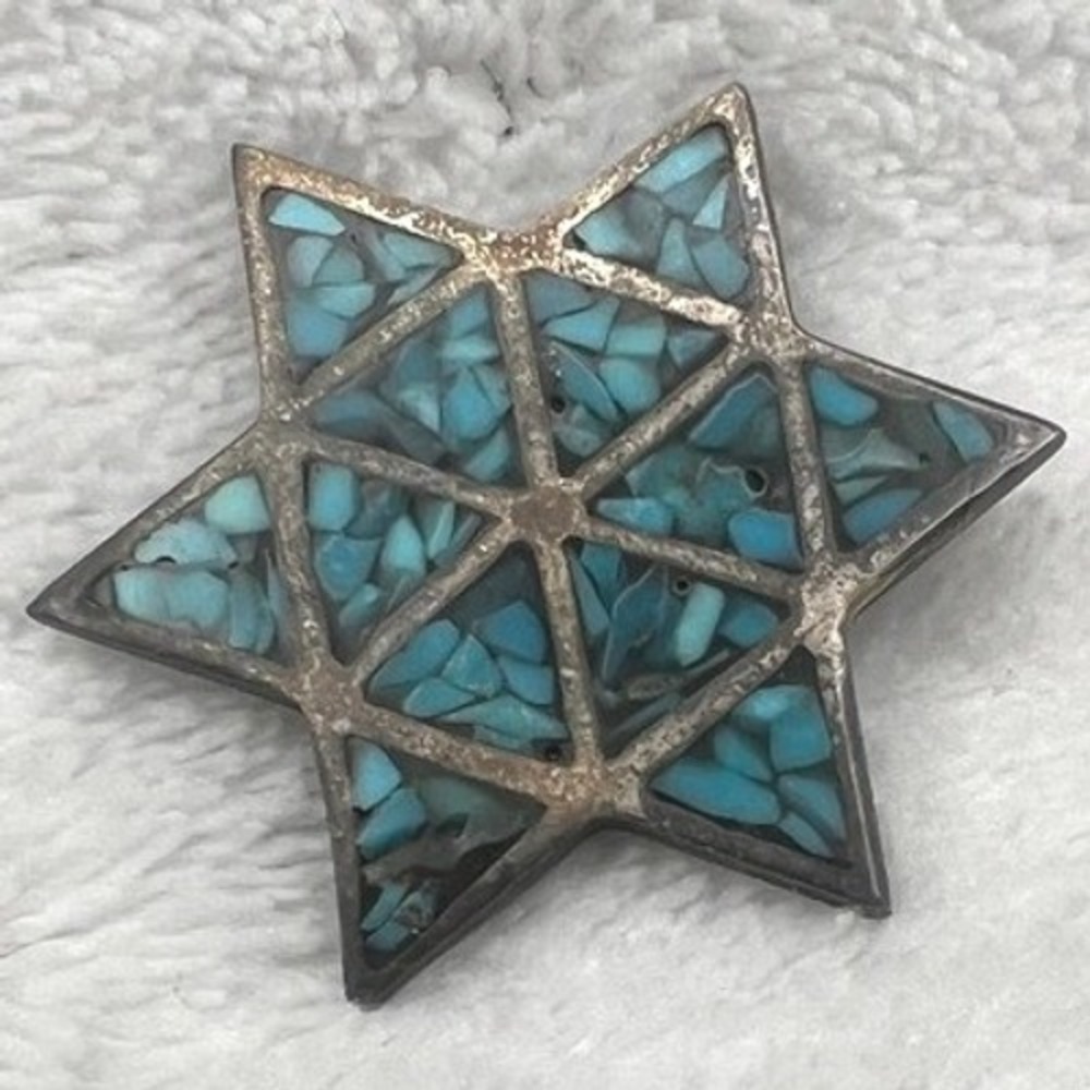 Vintage Sterling Silver Star of David Pendant Crushed Turquoise Inlaid 1 in 4g